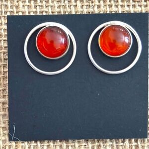Sterling Silver Cognac Amber Modern Circle Earrings